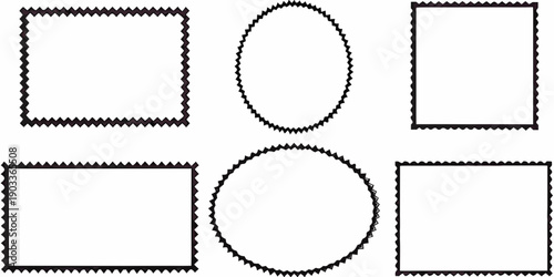 Black and white illustration of geometric shapes with textured borders