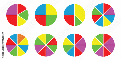 Colorful pie charts arranged in two rows of four showcasing varied segmentations