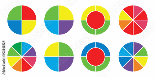 Colorful circles divided into pie charts with varying color combinations