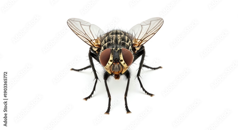 Obraz premium Close-up of a housefly with wings spread on white background.
