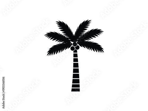 Bold black silhouette of a palm tree with coconuts, evoking tropical destinations.
