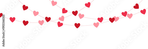 Paper pink heart string. Valentine day garland. Love background. Wedding banner. Happy Holiday decoration. Birthday party bg. Hanging confetti. 8 March card. Vector illustration.