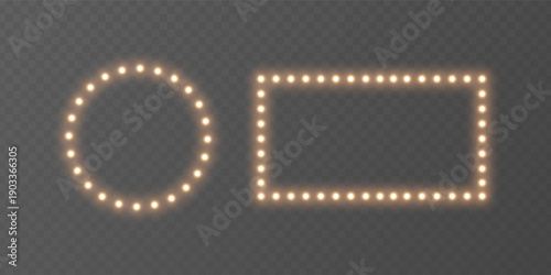 Light bulb gold frame set. Glitter luxury decoration. Golden lamp rectangle banner. Retro neon wall billboard. Cinema, casino design. Mirror background. Marquee circus bg.Vector illustration