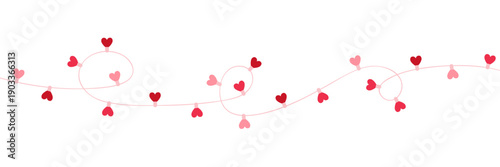 Paper pink heart string frame. Valentine day garland. Love background. Wedding banner. Happy Holiday decoration. Birthday party bg. Hanging confetti. 8 March card. Vector illustration.