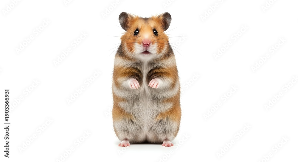 Obraz premium Adorable hamster standing on hind legs against white background.