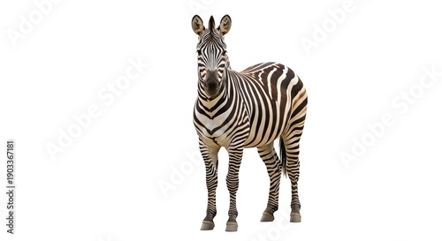A standing zebra with black and white stripes facing the camera.