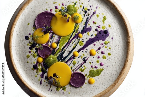 Artistic Gourmet Plating with Yellow and Purple Elements.