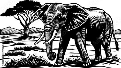 Very beautiful African elephant walking slowly across open plains, highlighting wisdom, strength, and emotional depth within a vast and peaceful natural landscape.