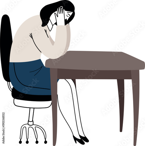 Depressed woman tired sit at table. Upset frustrated person