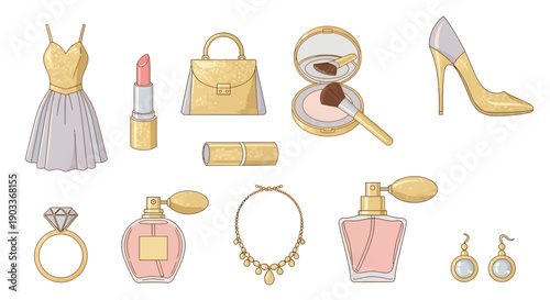 Luxurious collection of women's fashion and beauty accessories, featuring elegant jewelry, chic apparel, sophisticated perfumes, makeup, and high heels