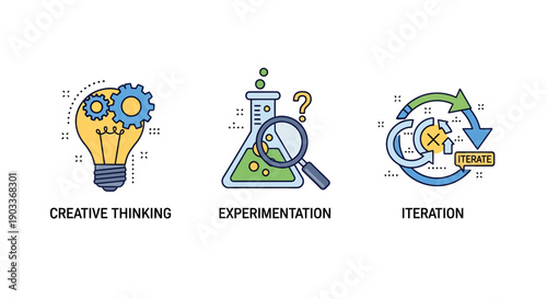 Modern vector icons illustrating the essential stages of innovation and problem-solving, encompassing creative ideation, scientific experimentation, and the iterative refinement process