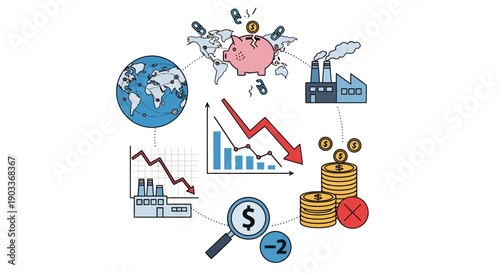 Conceptual vector depicting the intricate web of global economic recession, industry struggle, and investment losses, highlighting financial instability and market downturns