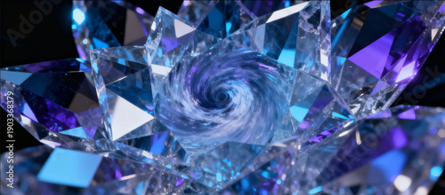 Vector illustration of a crystal whirlwind with reflection and refraction effects in a cold palette.