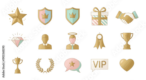 Elegant flat design vector icon collection signifying achievement, success, premium quality, and exclusive recognition, perfect for business rewards and loyalty programs