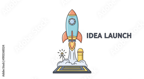 Dynamic vector illustration depicting a brightly colored rocket launching upwards, symbolizing the exciting commencement of a new business startup, innovative project, or creative idea concept