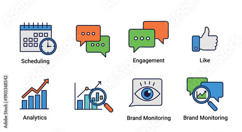 Essential digital marketing and social media strategy icons featuring content scheduling, audience engagement, data analytics, and brand monitoring solutions