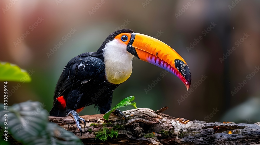 Naklejka premium Vibrant Toco Toucan on Branch in Rainforest, Realistic Wildlife Photo