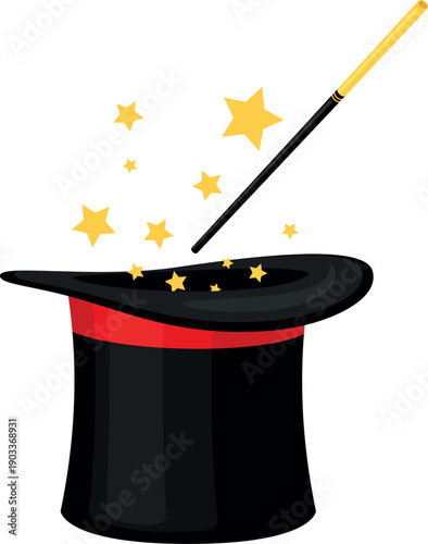 Magician top hat with magic wand cartoon icon