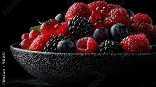 Assorted fresh forest berries in a rustic black bowl on a dark background.