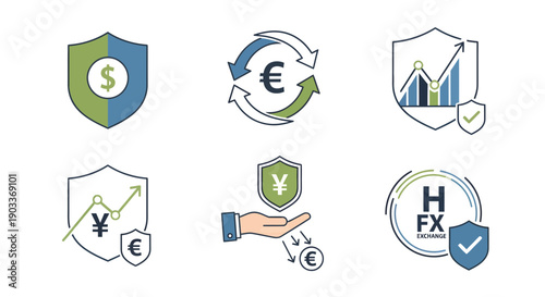Set of financial icons representing currency exchange and transactions in a modern digital interface