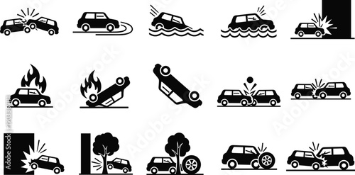 Black silhouette car accident icons set, vehicle insurance claim symbols, auto crash, fire and emergency roadside assistance vector illustration, SEO.
