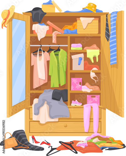 Messy closet. Untidy clothes chaos in home wardrobe