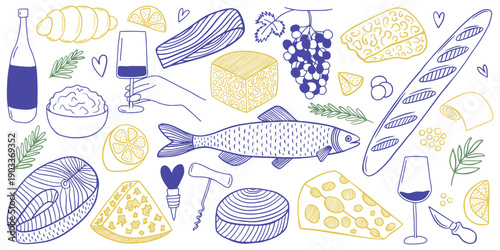 Mediterranean food set. Hand drawn blue and yellow of food. Fish with lemon, salmon steak, wine bottles, wineglasses, bread, loaf and cheese slices sketch set