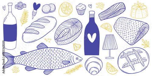 Mediterranean food set. Hand drawn blue and yellow of food. Fish, salmon steak, wine bottles, wineglasses, bread and cheese slices sketch set
