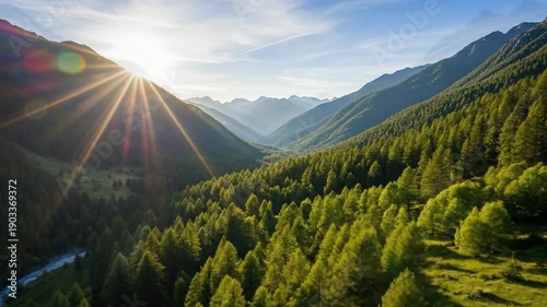 Sunlight streams through the mountain valley, illuminating the lush green forest and flowing river below during daytime.