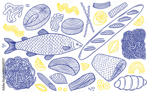 Fish and pasta hand drawn sketch set. Set of bread, pasta, spaghetti, fish, salmon fillet in sketch style
