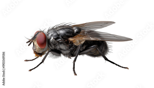 Close-up Housefly Study Detailed view of a housefly showcasing its intricate features, from its multifaceted eyes to its delicate wings.