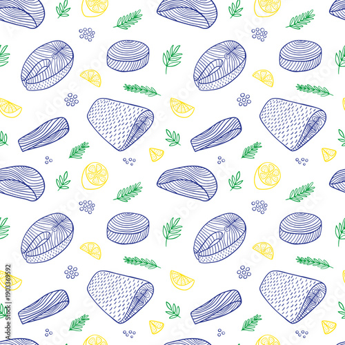 Salmon fillet seamless pattern. Hand drawn salmon steak slices sketches vector pattern