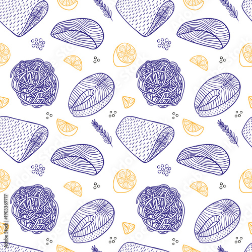 Fish and pasta hand drawn seamless pattern. Vector pattern with salmon fillet and noodles on white background