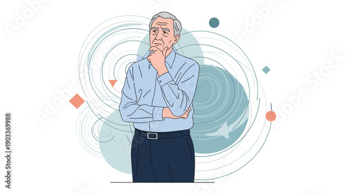 Senior man thinking deeply with his hand on his chin against a background of abstract swirly lines representing complex thoughts.