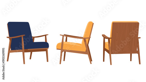Three stylish wooden armchairs shown from different angles with blue and orange upholstery on a plain white background.