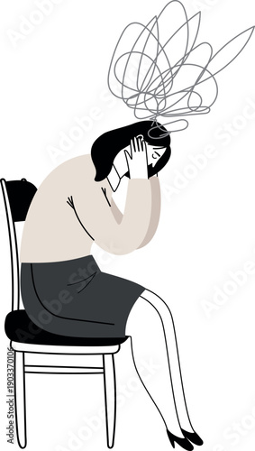 Confused thoughts icon. Female character in anxiety and stress