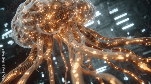 Bioluminescent robotic jellyfish navigates a futuristic digital world.