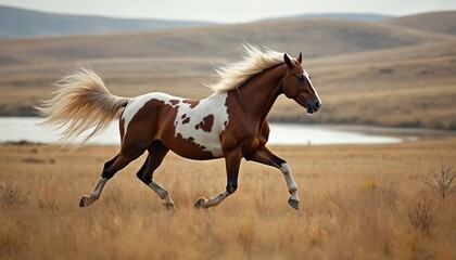 Brown and white horse galloping across dry grass field with lake and hills in background. Animal moves with speed and grace, tail flowing in wind. Serene natural landscape evokes freedom.