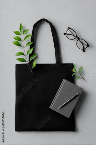 Black canvas tote bag flat lay with notebook glasses and green leaves on a gray background.