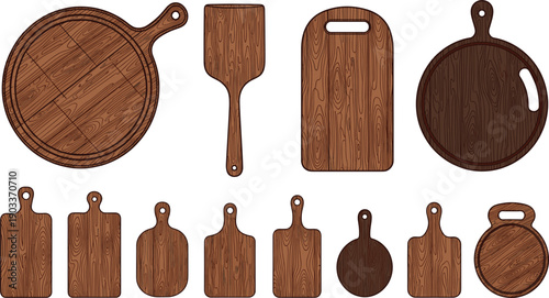 Hand drawn wooden cutting board collection featuring rustic kitchen chopping boards and cooking tools vector illustration set