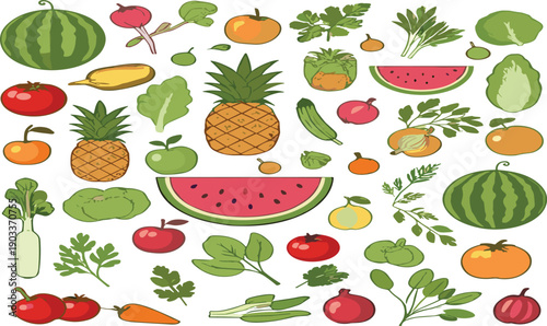 Hand drawn fruit and vegetable collection featuring watermelon pineapple tomatoes and fresh organic produce vector illustration set