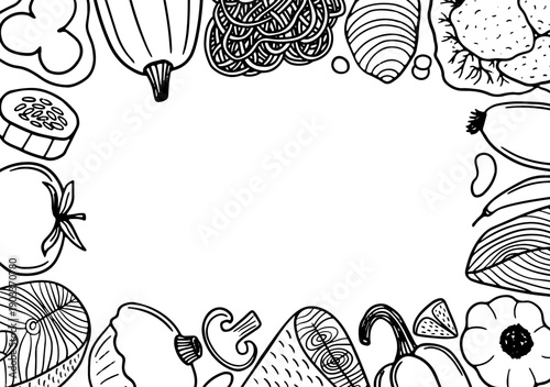 Menu frame in sketch style. Fish, pasta and vegetables vector frame