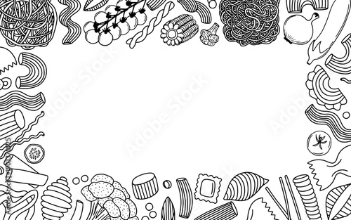Pasta and vegetables frame in sketch style. Hand drawn food frame with pasta, spaghetti, vegetables
