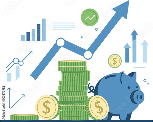 Financial growth illustration with piggy bank, coins, and upward graphs symbolizing savings, investment, economic progress, wealth management, financial planning, and positive economic performance.