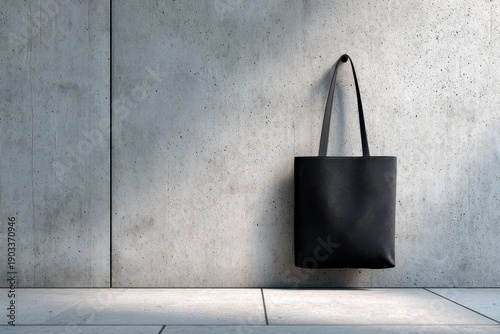 Black canvas tote bag mockup hanging on a modern concrete wall.