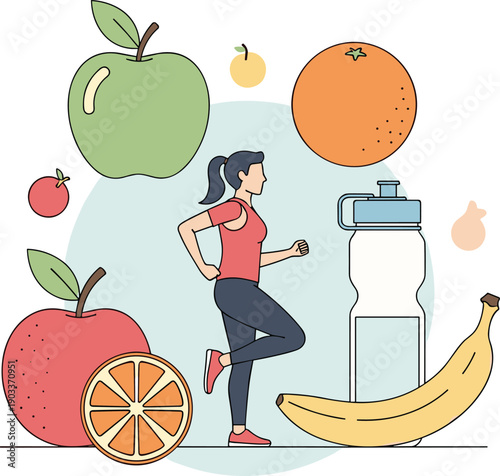 Healthy lifestyle illustration with runner, fresh fruits, and water bottle promoting fitness, nutrition, hydration, wellness, exercise, and balanced diet for active living and vitality.
