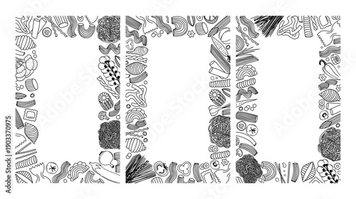 Set of menu frames. Hand drawn pasta and vegetables frames set. Spaghetti, pasta, noodles, tomato, cucumber, carrot, mushroom, broccoli
