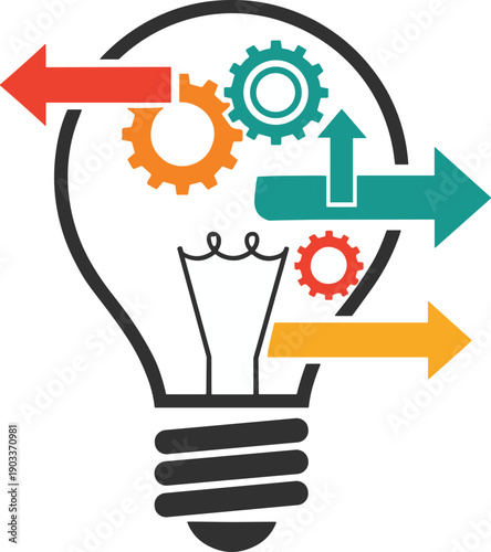 Innovation concept illustration with light bulb, gears, and arrows symbolizing creativity, ideas, process, direction, engineering, brainstorming, strategic planning