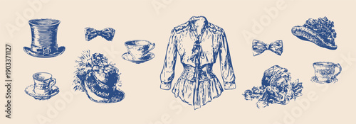 hand drawn rococo fashion and lifestyle illustrations, vintage engraving style line art, elegant women's clothing details, corsets, blouses, dresses, bows and lace, antique hats, teacups, accessories