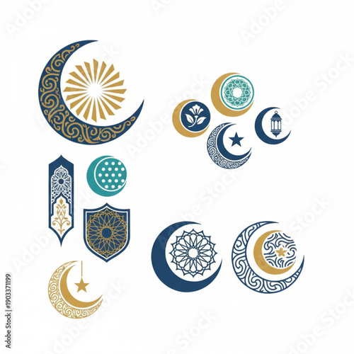 Collection of Islamic Crescent Moon and Star Decorative Icons, symbolizing faith, tradition, and celebration